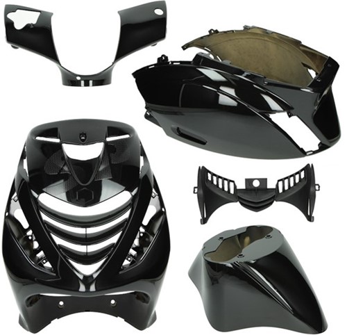 Kappenset Piaggio Zip 2000 Glans Zwart met SP voorscherm + Ledverlichting 6 delig