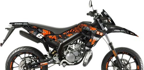 Sticker Set Stage6 voor Derbi Senda SM 50 X-treme / Derbi Senda R 50 X-treme / Gilera RCR / Gilera SMT vanaf bouwjaar 2018 - Oranje / Zwart
