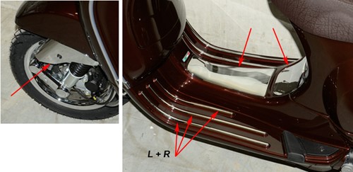 treeplank sierstrip set + kapjes vespa lxv / vespa lx / vespa S chroom exclusive line 9-delig