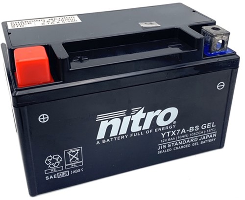 Accu Nitro YTX7A-BS / NTX7A-BS 12volt 6Ah 150 x 87 x 94mm Onderhoudsvrij (GEL)