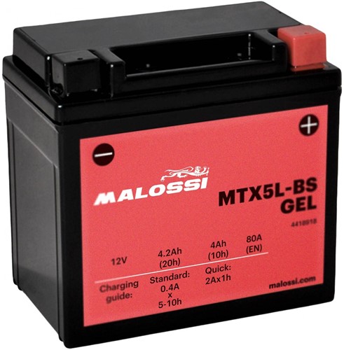 Accu Malossi MTX5L-BS Gel 12volt (YTC5L-BS) Kymco Agility 50 12inch / Kymco Agility 50 10inch / Peugeot V-clic / Kisbee 4t / Kymco Dink 50 / Aprillia Sr 2000 Ditech / Baotian Speedy 4t 4418918